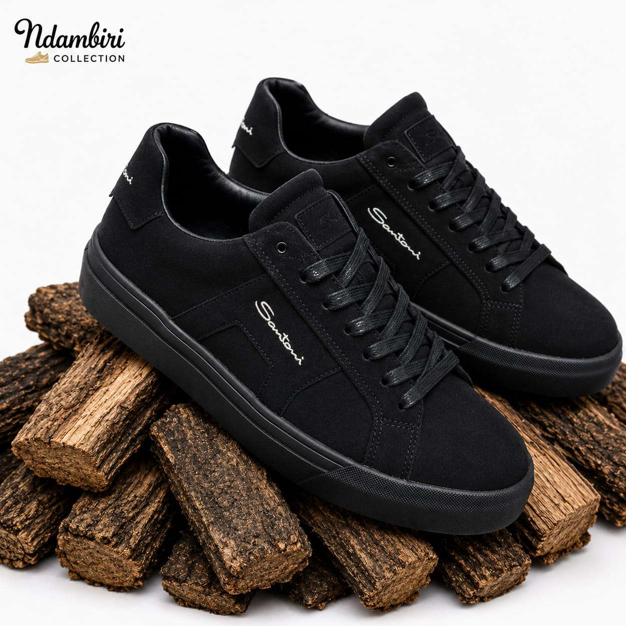 Santoni Black Mono Suede Sneakers